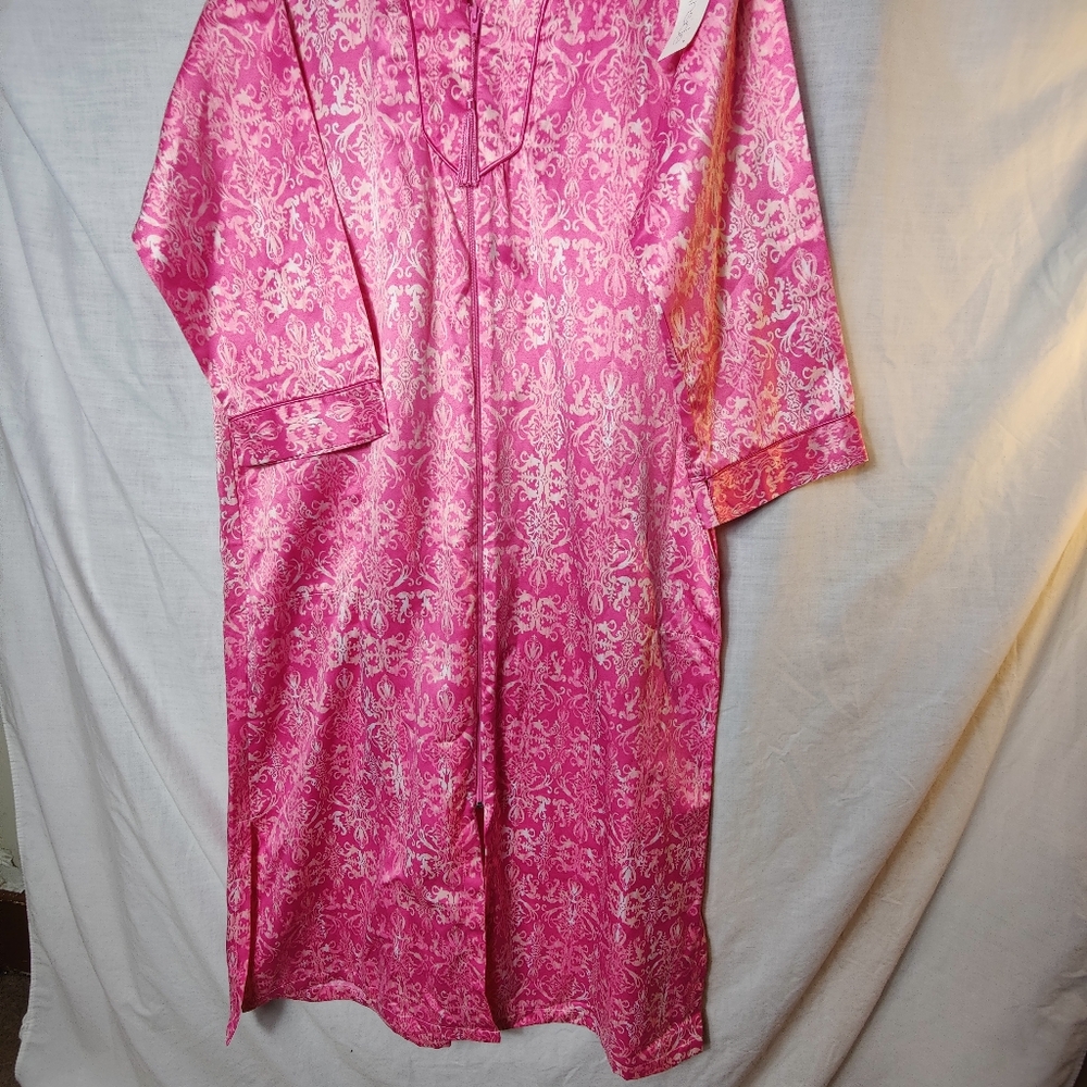 Miss Elaine Pink Satin Damask Robe M Full Zip Tassel Pockets Soft Lounge - Picture 2 of 15